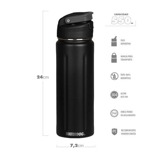 Botella Deportiva Acero Inoxidable 550cc Negro Waterdog